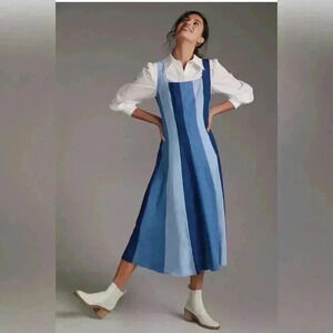 Farm Rio Anthropologie Midi Dress XS 0 2 Colorblock Denim Stripe Chambray $278